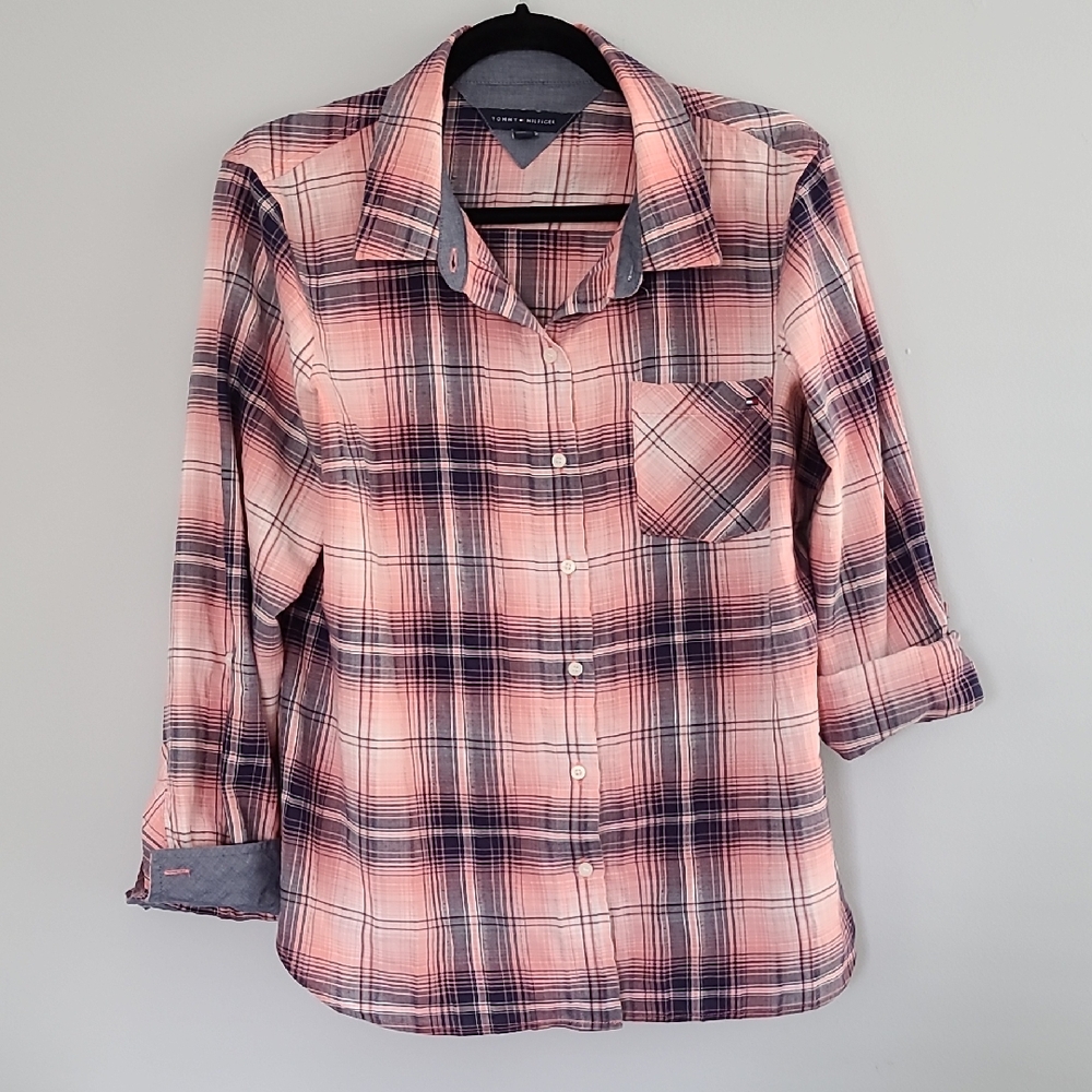 Tommy Hilfiger Pink and Blue Plaid Button Down Shirt